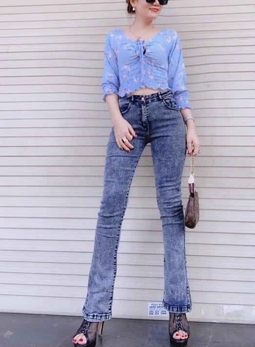Quần Jeans Nữ Ống Loe Dài Lưng Cao Co Giãn Màu Xám Đen