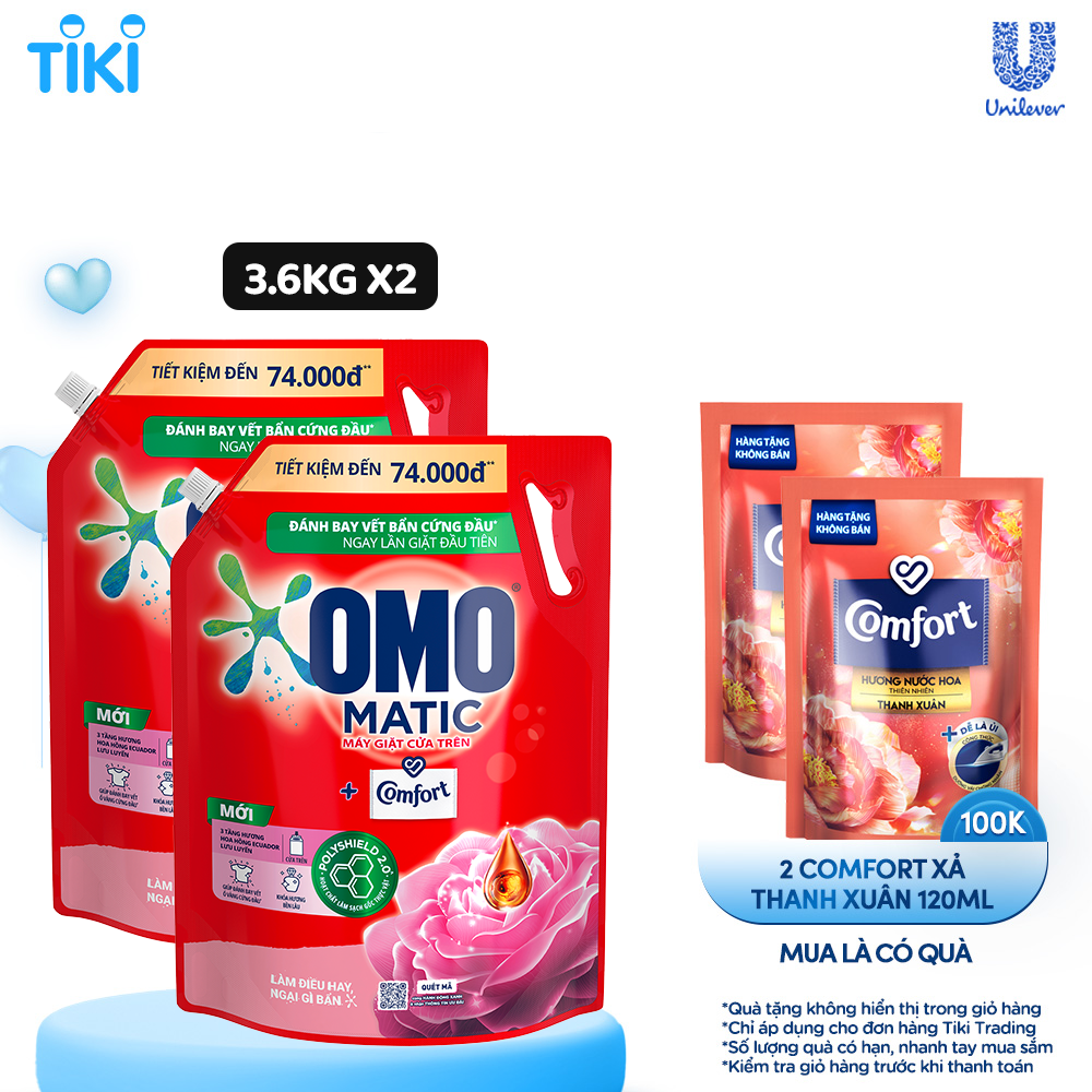 Combo 2 túi Nước giặt OMO Matic Comfort Hương Hoa Hồng Ecuador cho máy giặt cửa trên, túi 3.6kg + 2 Nước Xả Comfort 120ml Ngẫu Nhiên