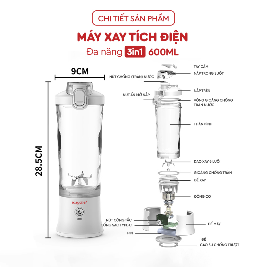 Máy Xay Tích Điện Đa Năng 3IN1 Lazychef - Máy Xay Sinh Tố Kháng Nước, Máy Xay Cầm Tay, Dung Tích 600ml, Hàng Chính Hãng