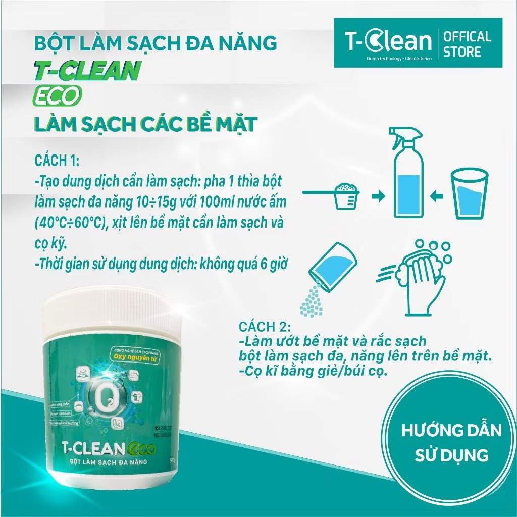 Bột Làm Sạch Đa Năng T-Clean 500gr - Tẩy Ố Vàng - Bẩn Trên Nhiều Bề Mặt - Đá - Gỗ - Quần Áo