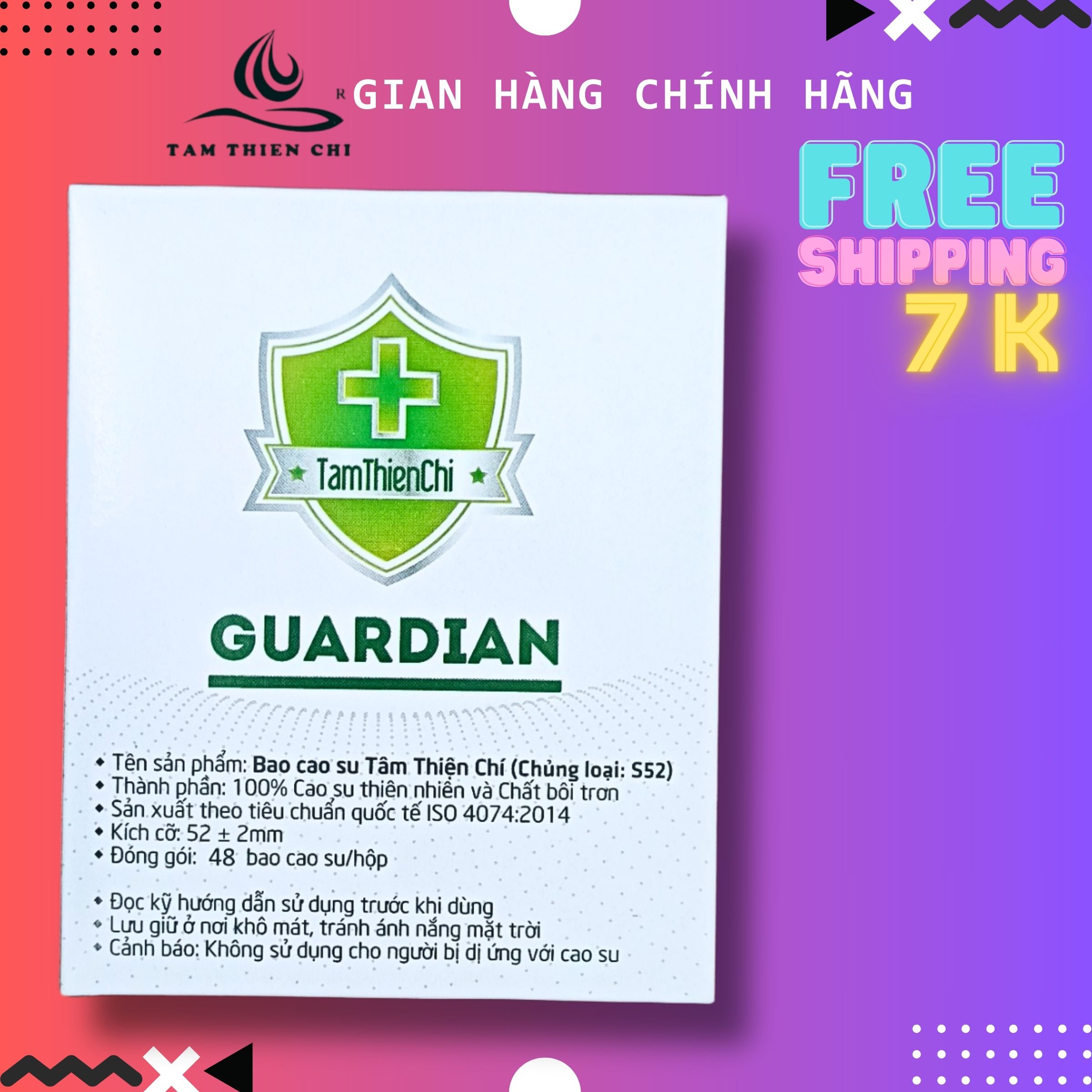 Hộp 48 cái Bao cao su Tâm Thiện Chí Guardian - Mỏng trơn, Nhiều dầu bôi trơn, Size 52mm