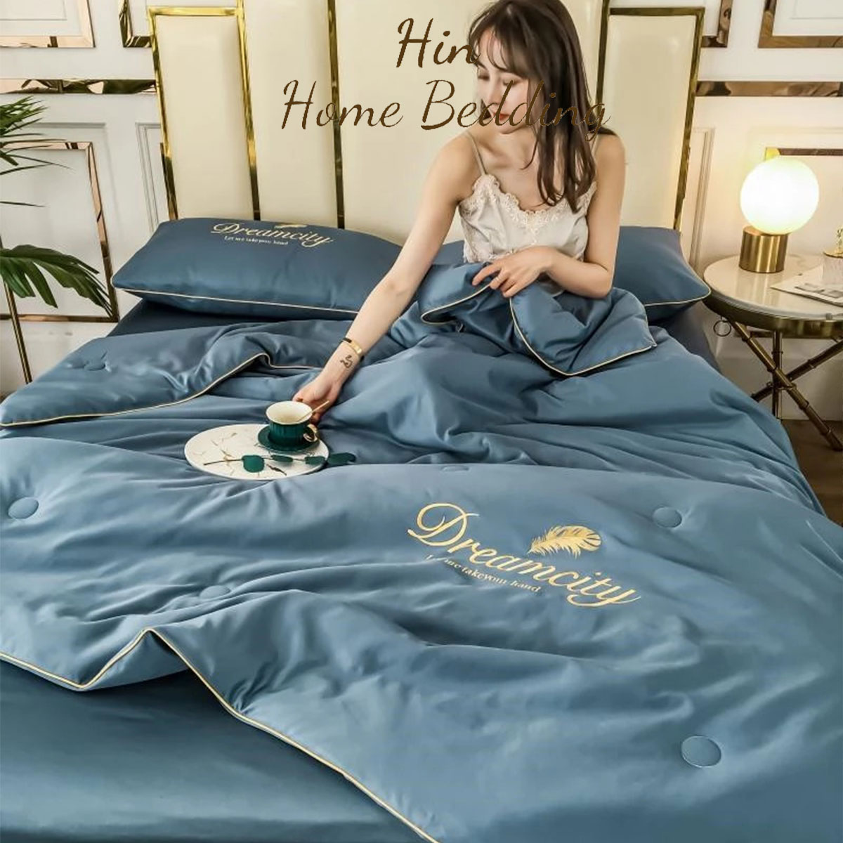 Bộ Chăn Ga Gối Đệm 5 Món Lụa Dream City Set Chăn Ga Drap Trải Giường Chăn Chần Bông Đẹp Hin Home Bedding M46