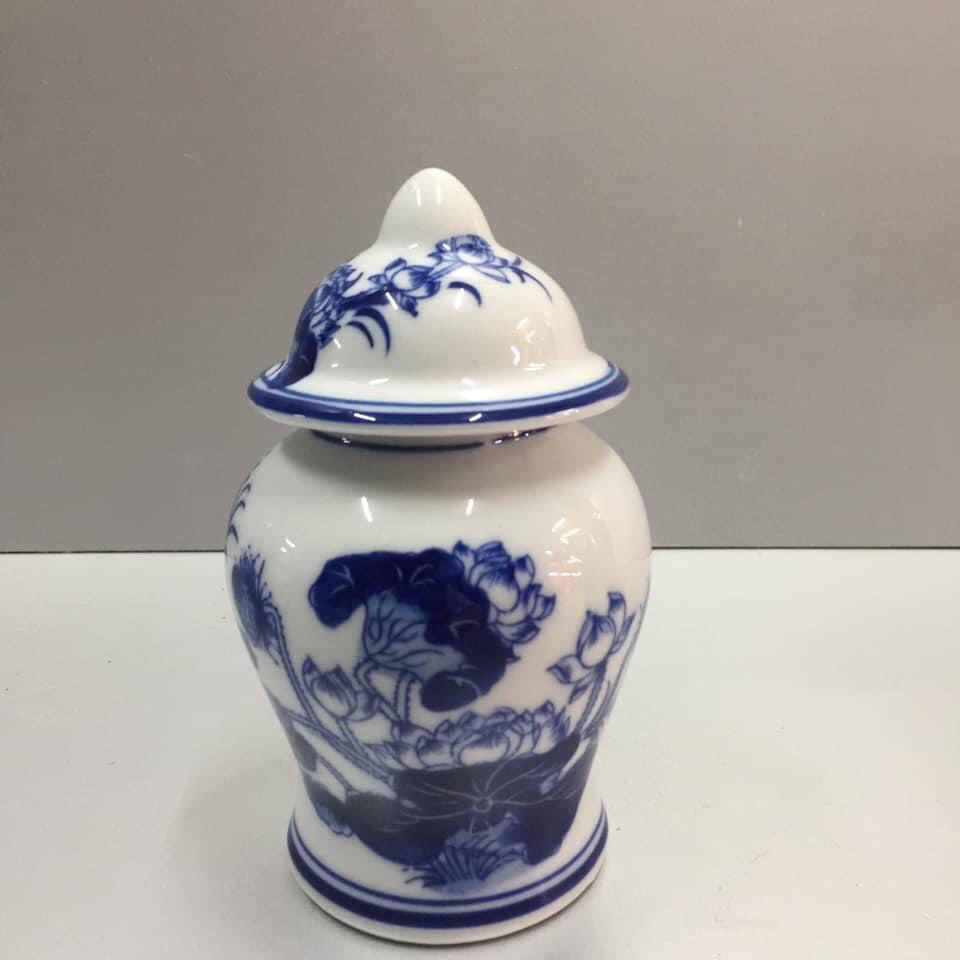 Hũ đựng gạo muối nước thờ, mẫu hoa sen trắng xanh lam, gốm TỊNH PHƯƠNG cao cấp KH12114