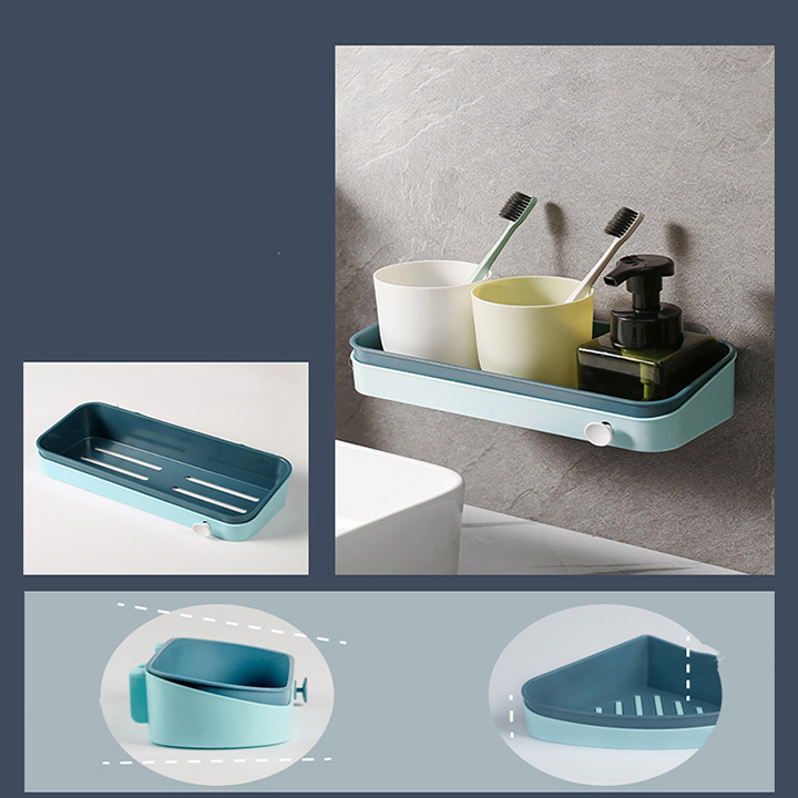 Bộ kệ nhựa nhà tắm 2 lớp đựng dầu gội xà bông kiểu dáng chữ nhật và tam giác có nút tròn treo bông tắm