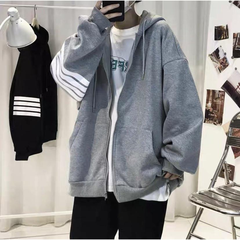 Áo Khoác Hoodie Unisex THOM 4 Sọc Kiểu Zip Kéo Phối Nón Rộng Vải Nỉ Xịn Phong Cách Ulzzang Hàn Quốc Hot Trend Mới
