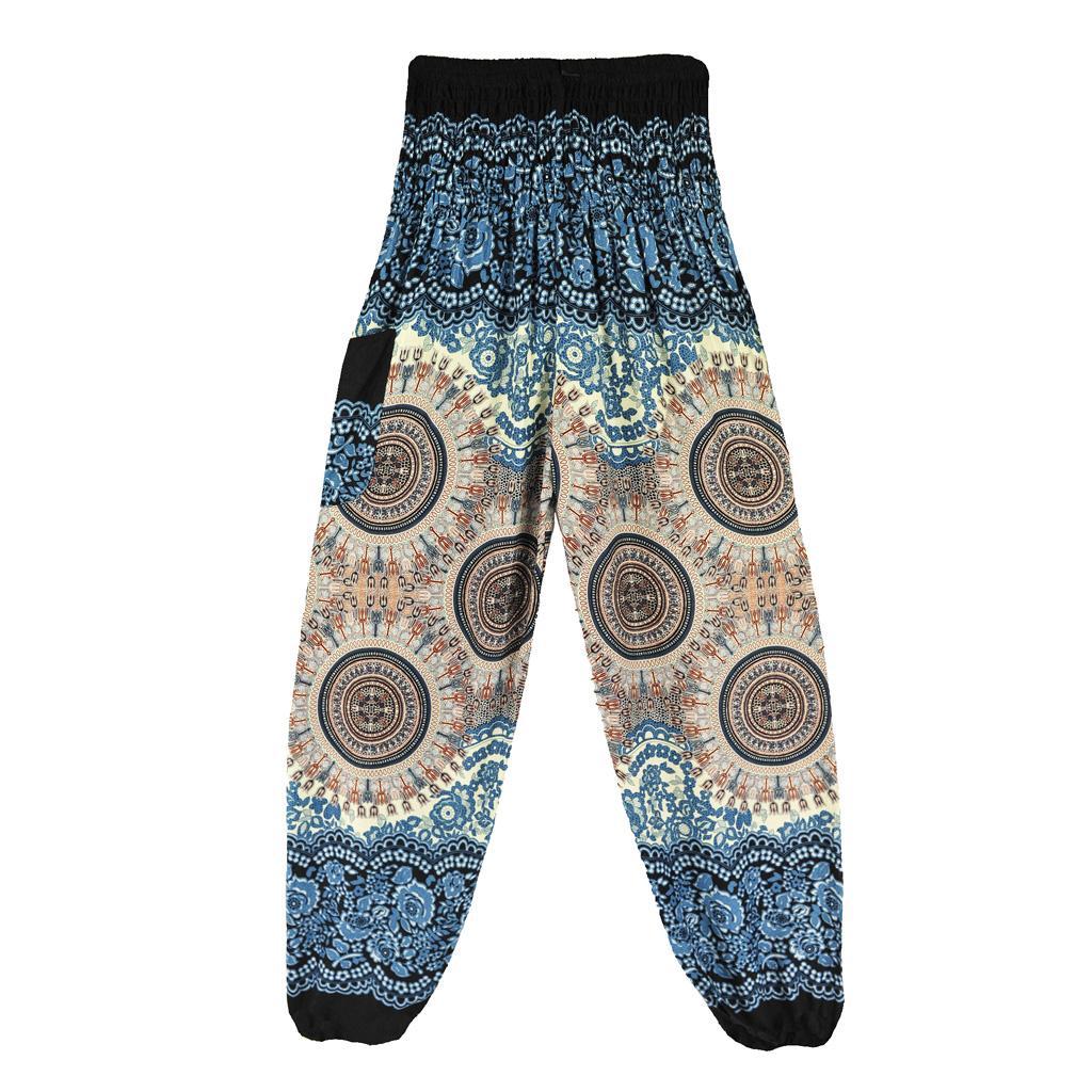 Women Smocked Waist Floral Rayon Yoga Boho Harem Pants, Breathable and White