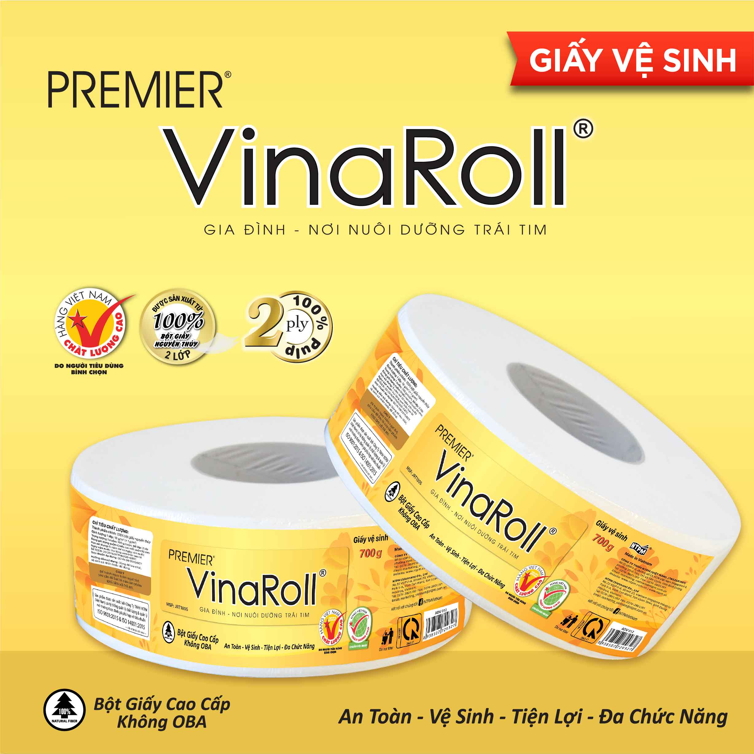 Giấy vệ sinh PREMIER VinaRoll Jumbo 700G - combo 10 cuộn (Giấy vệ sinh cuộn lớn)