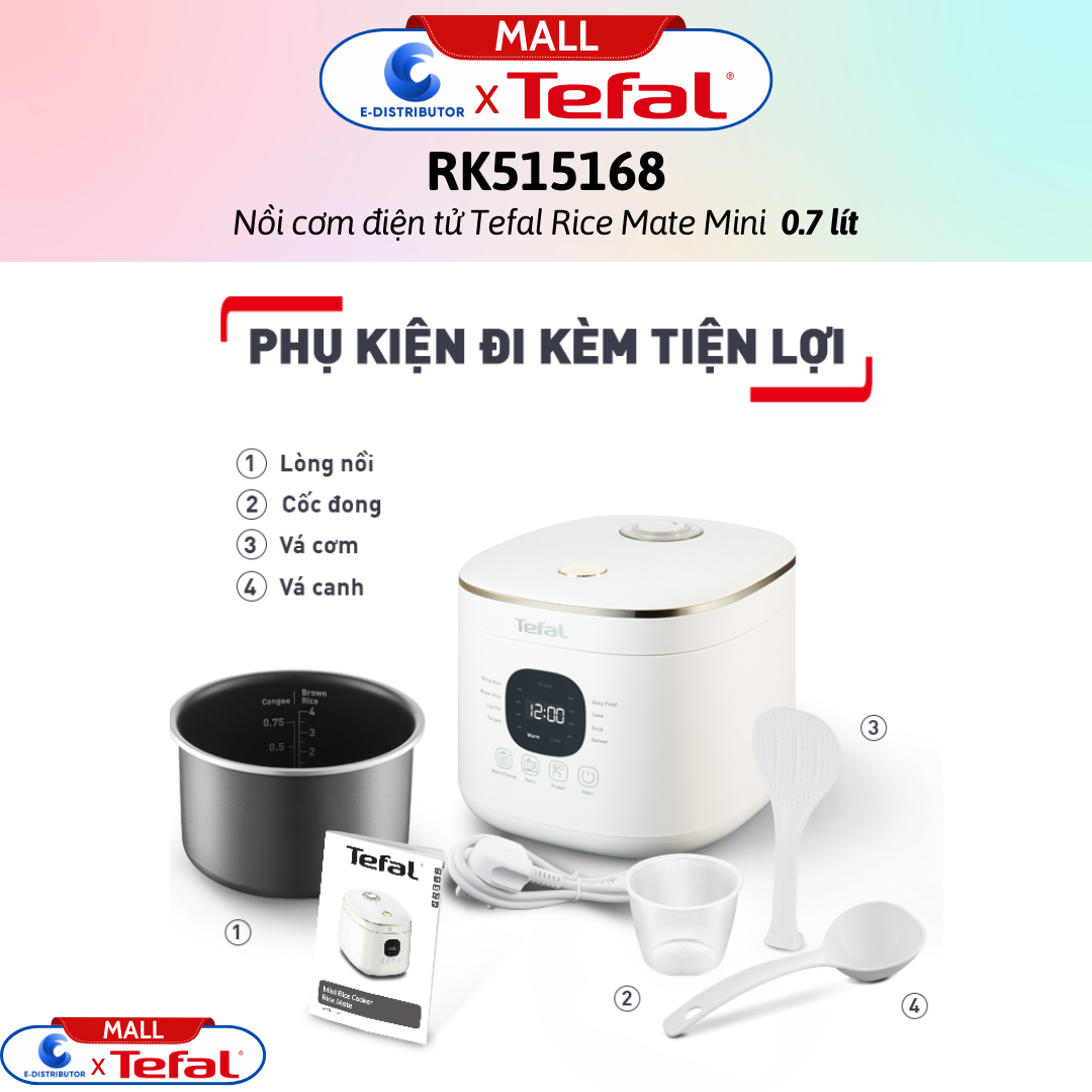 Nồi cơm điện tử Tefal Rice Mate Mini 0.7 lít RK515168 - Hàng Chính Hãng - Bảo Hành 12 Tháng - Dung tích: 0.7 lít Công suất:350W