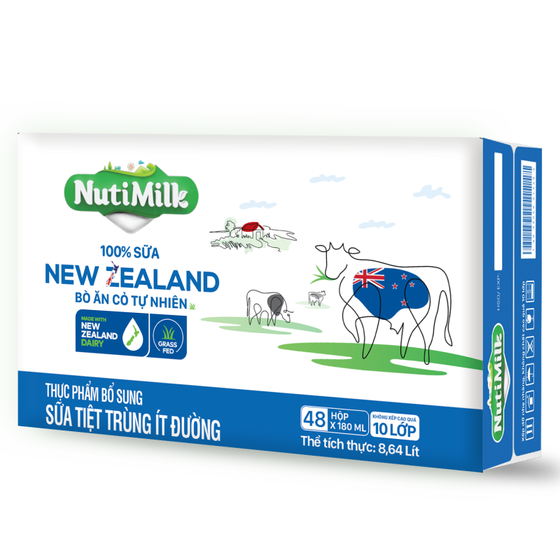 Thùng 48 Hộp NutiMilk 100% Sữa New Zealand Bò ăn cỏ tự nhiên Ít đường 180ml TU.NZSID180TI NUTIFOOD