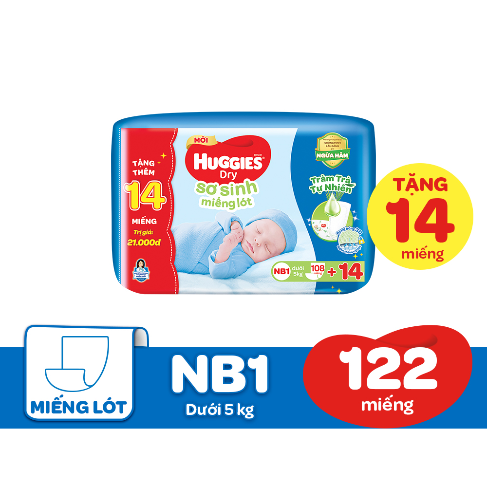 Miếng lót sơ sinh NB1 HUGGIES DRY 108 miếng + 14 miếng