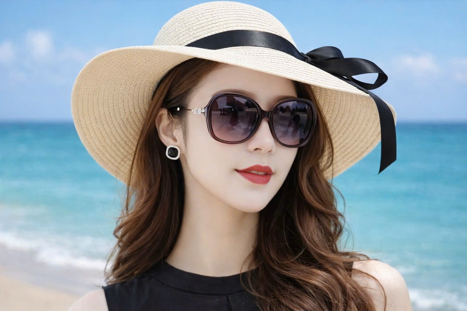 Mũ rộng vành đi biển chất liệu cói thoáng mát nón rộng vành chống nắng UV đai nơ đen cho nữ mẫu mới