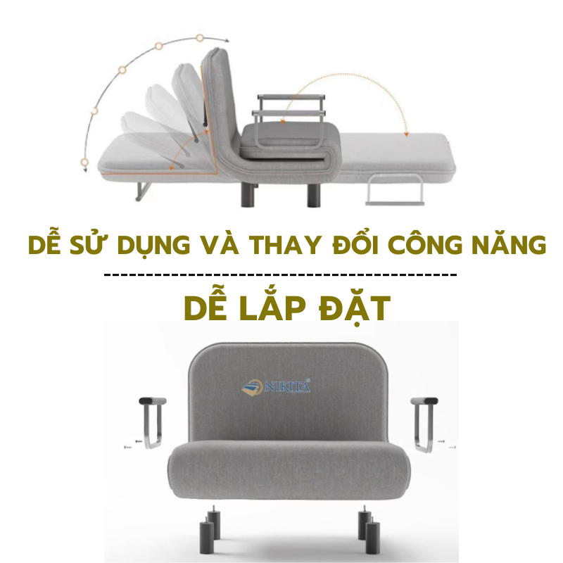 Giường ghế sofa 3 chức năng có thể ngả đầu, nệm dày êm ái, dễ dàng sử dụng chính hãng Nikita