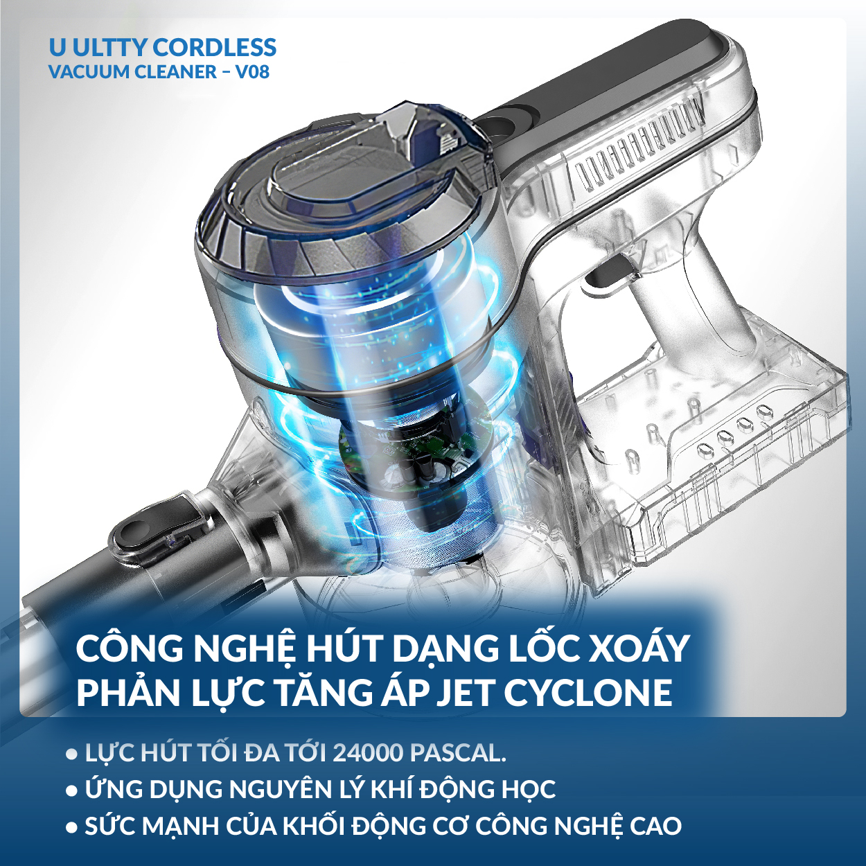 Máy hút bụi lau nhà cầm tay không dây thông minh Ultty V08 - Lực hút 24000 pascal - Hàng chính hãng