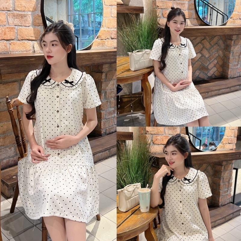 Đầm bầu chấm bi cổ sen đính nơ dễ thương, thanh lịch phù hợp cho mẹ bầu và sau sinh - Trắng kem
