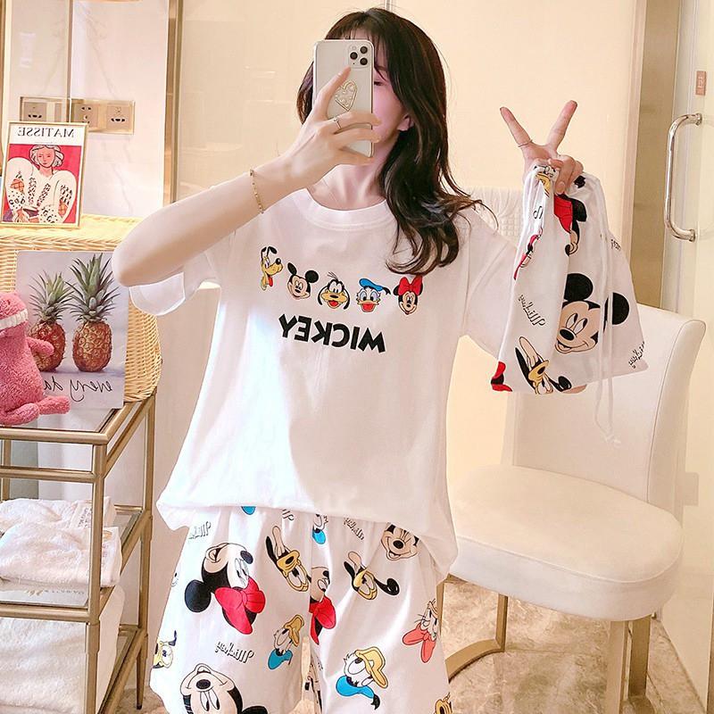 Bộ Đồ Ngủ Tay Ngắn Form Rộng In Họa Tiết Hoạt Hình Dễ Thương Cho Nữ