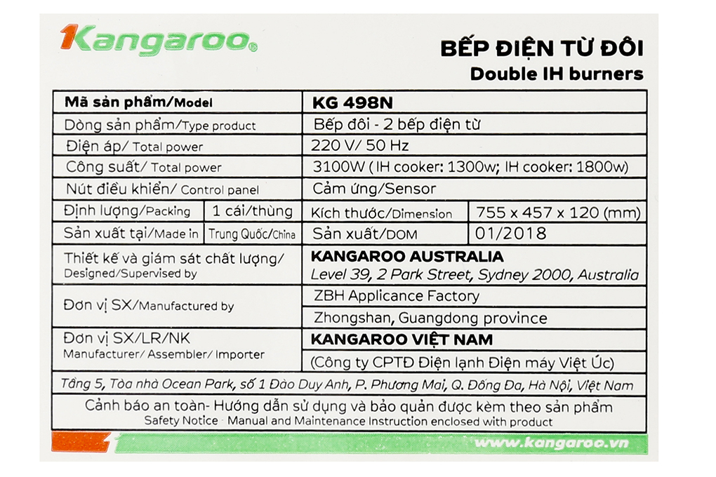 Bếp Điện Từ Đôi Kangaroo KG498N (3100W) - Hàng chính hãng