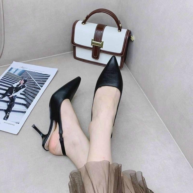 Giày cao gót công sở mũi nhọn, giày gót nhọn 8cm, giày da mềm hở gót