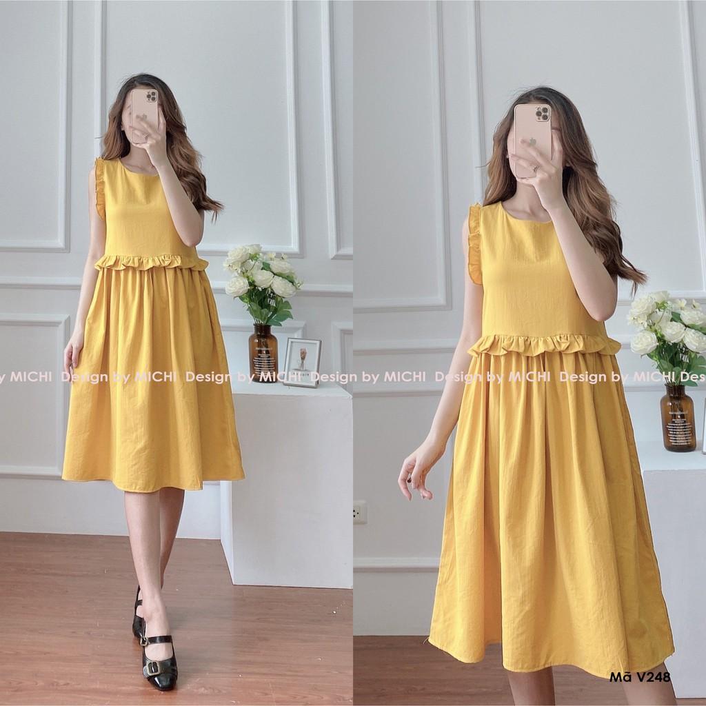 Váy suông tay phối bèo, cổ tròn, freesize form rộng, đầm dáng xuông 2 màu vàng, cam mã V248 - michi's House