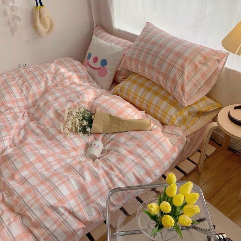 Bộ chăn ga gối , coton poly họa tiết kẻ ô vuông đủ size miễn phí bo chun