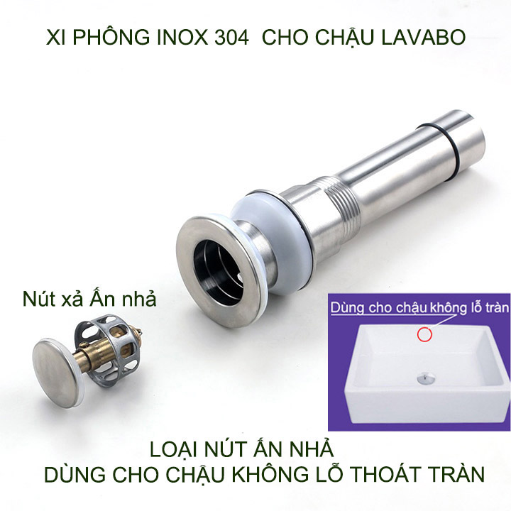 Xi phông chậu rửa mặt lavabo bằng inox 304, nút nhấn đóng xả, dùng cho chậu không lỗ thoát tràn