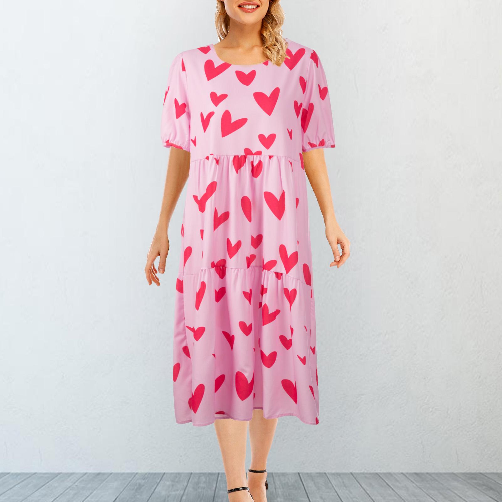 Women Midi Dress Heart Print O Neck Puff Sleeves Summer Loose Bohemian Long Dress for Beach Holiday