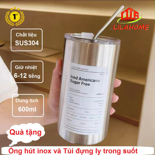 Hình ảnh Ly Giữ Nhiệt Inox 304 600ml Độ Bền Cao Tặng Kèm Ống Hút Inox Và Túi Đựng Ly Trong Suốt - Chính Hãng