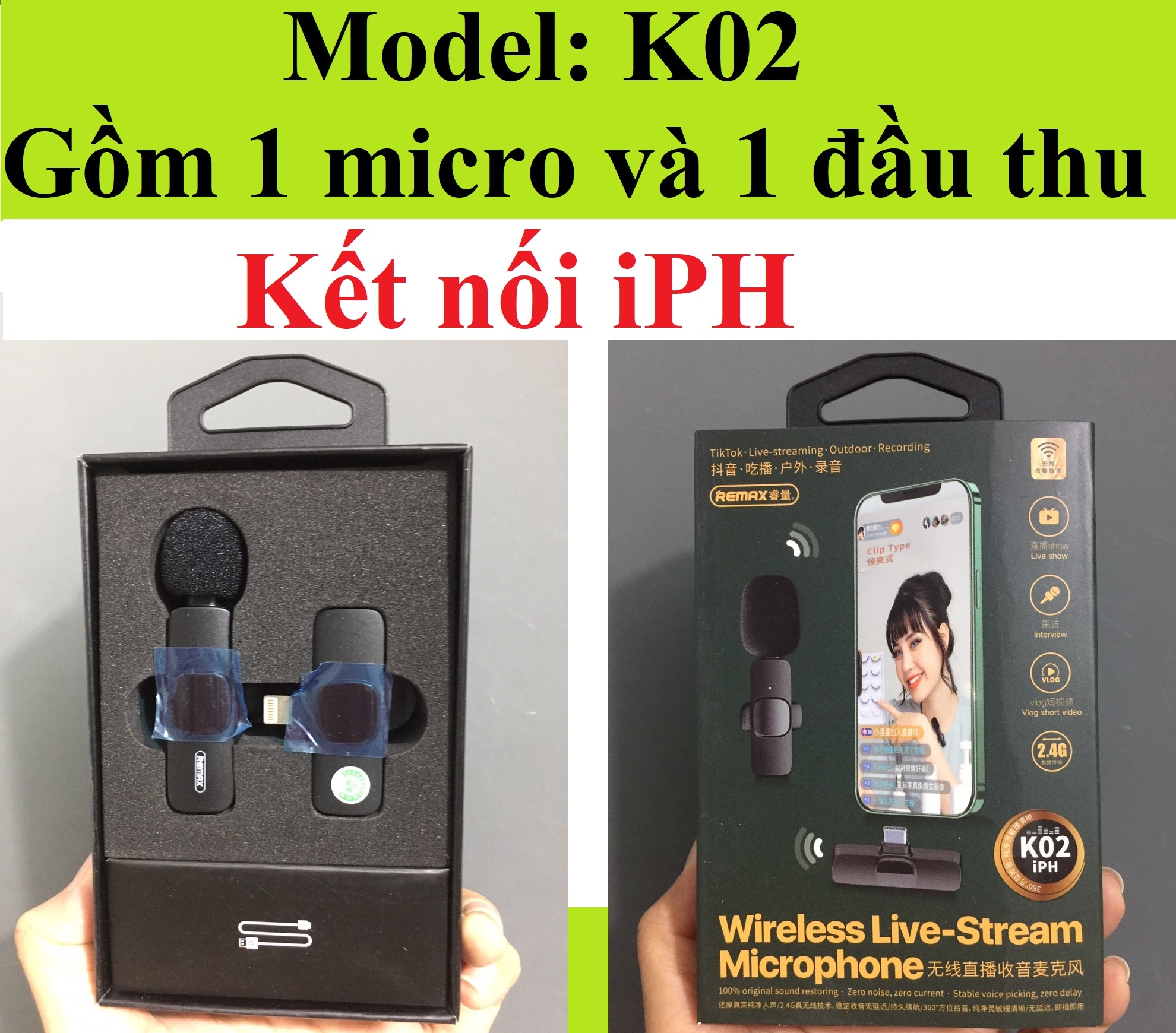 Micro thu âm không dây có kẹp cài áo kết nối type-C / iP Remax K03 / K02 -  Hàng chính hãng