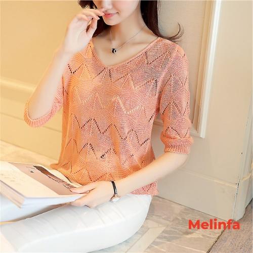 Áo len mỏng nữ cổ V tay lửng dập lỗ len dệt kim mềm mịn co giãn mặc mùa hè mã VAA0314
