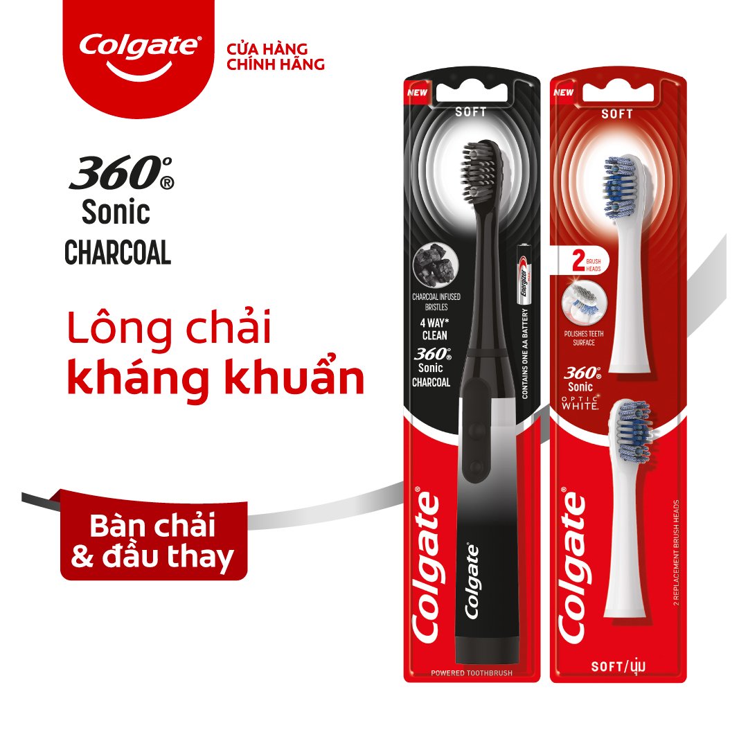 Combo Bàn chải điện Colgate Sonic 360 Charcoal với lông chải phủ than kháng khuẩn và 2 Đầu thay màu trắng lông chải xoắn kép