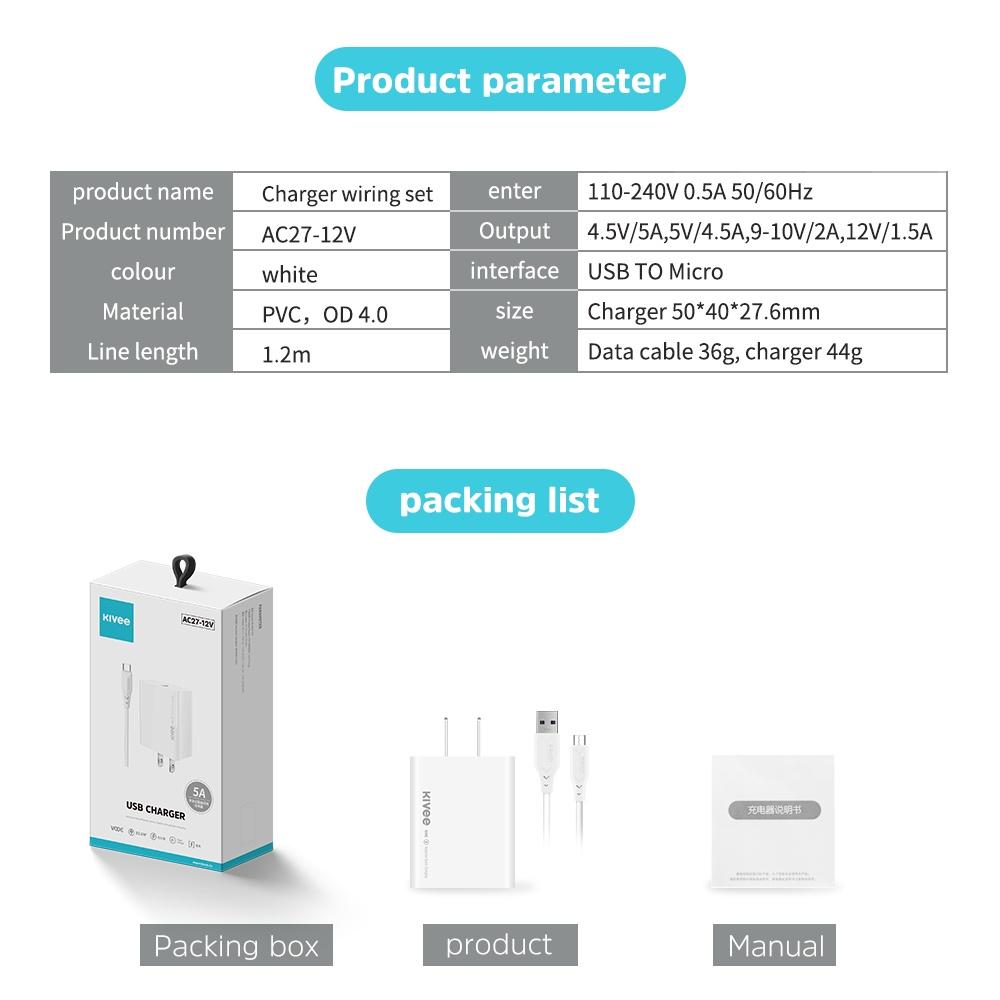 Bộ Adapter Sạc Kèm Cáp Sạc KIVEE AC27 5A Cáp sạc nhanh cho Samsung Huawei OPPOXiaomi -Hàng Chính Hãng