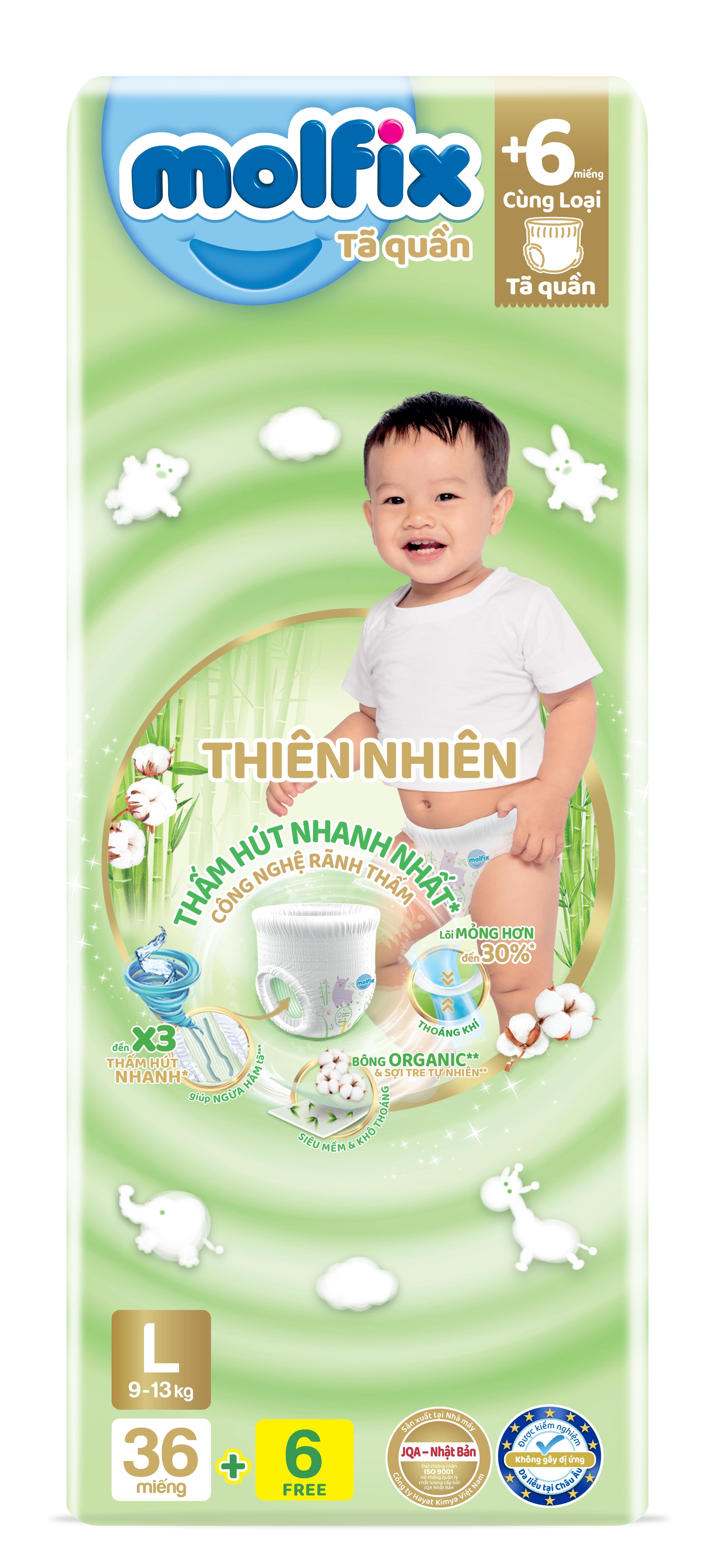 Tã/bỉm quần Molfix Thiên nhiên Jumbo L (9kg - 13kg) - Gói 36+6 miếng