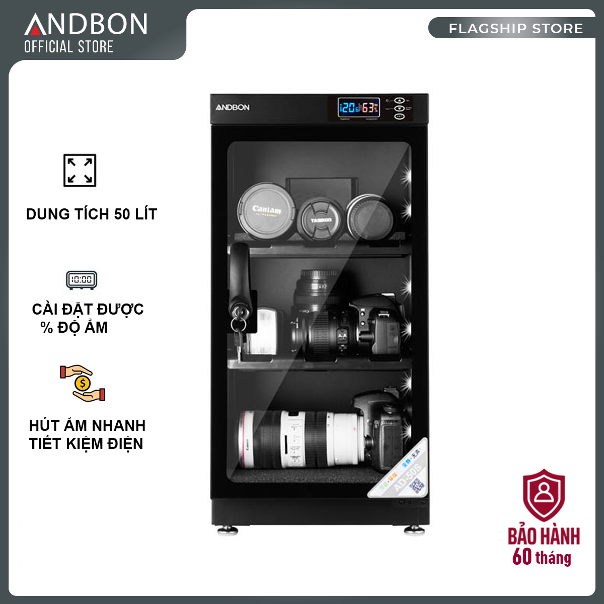 Tủ chống ẩm máy ảnh 50 Lít ANDBON AD-50S , 3 ngăn chống xước, cài đặt được % độ ẩm - Hàng chính hãng