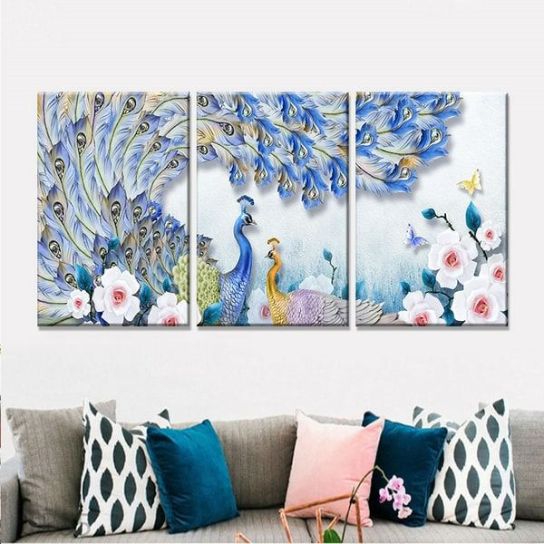 Bộ 3 Tranh Canvas Viền Composite Con Công Treo Tường: Khổng Tước Và Hoa W290 (Size