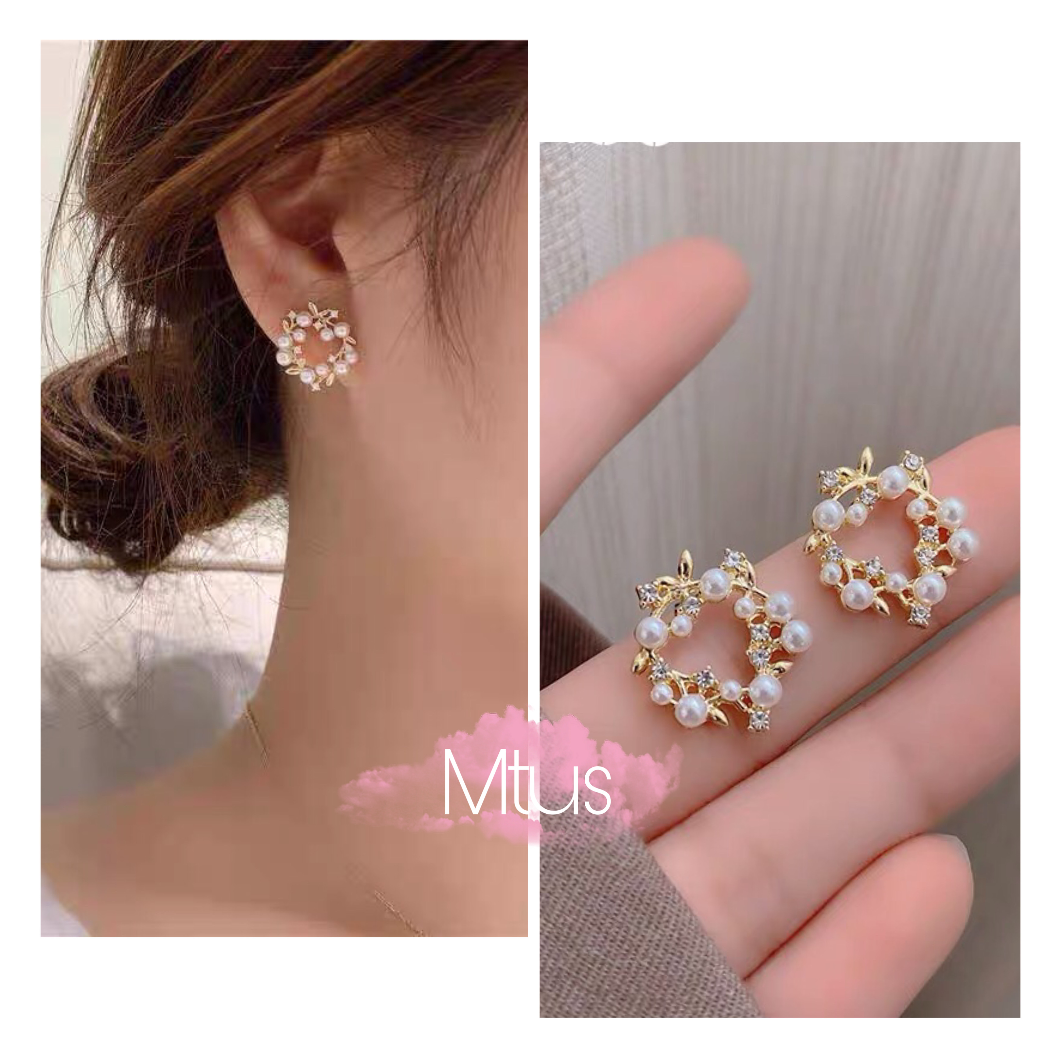 Bông tai tròn hình vòng hoa nguyệt quế - khuyên tai tròn đính đá tiểu thư