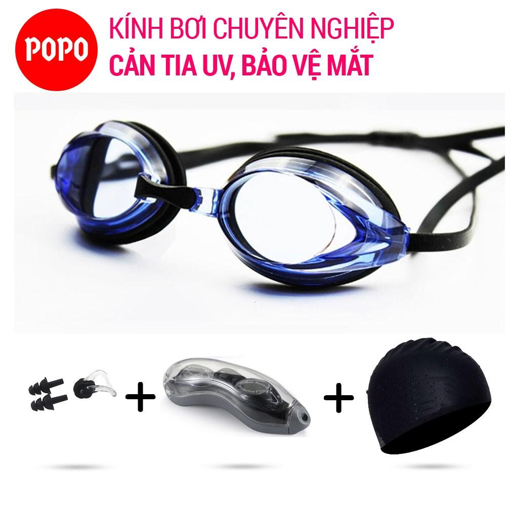 Bộ Kính bơi chuyên nghiệp cho người lớn thi đấu POPO kèm mũ bơi, bịt tai kẹp mũ cho vận động viên chống tia UV chống lóa