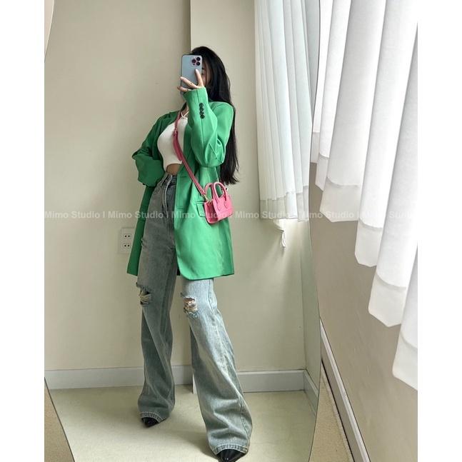Áo len dệt kim mỏng dây đan chéo- Quần jean rách ống suông rộng