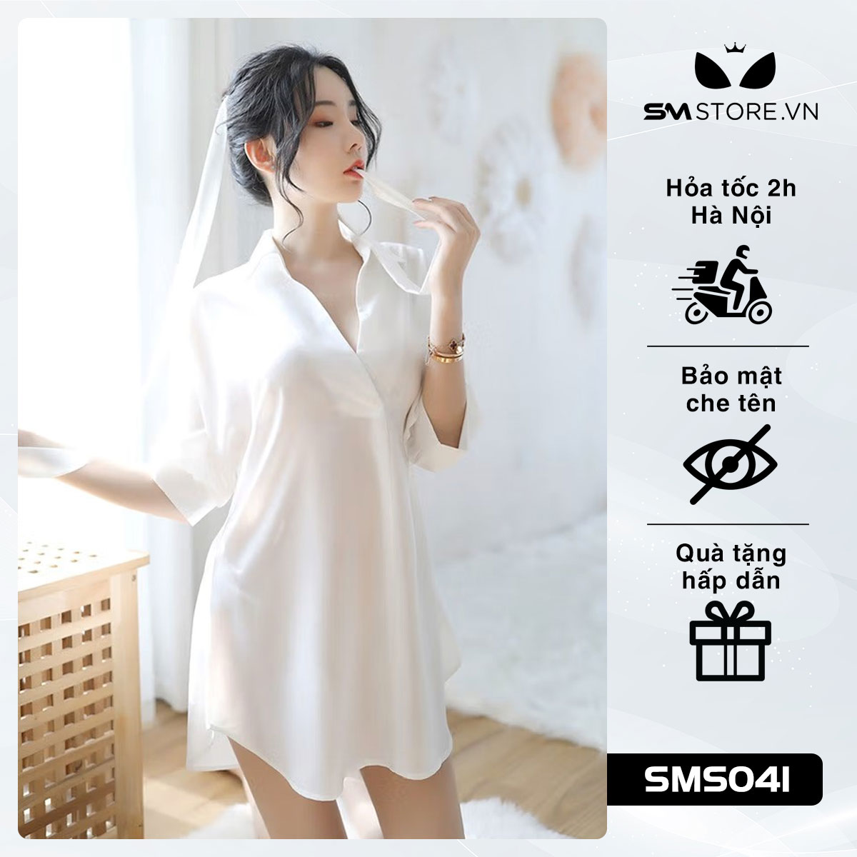 Váy ngủ mỏng sexy quyến rũ với cổ chữ V, nơ thắt eo - SMS041