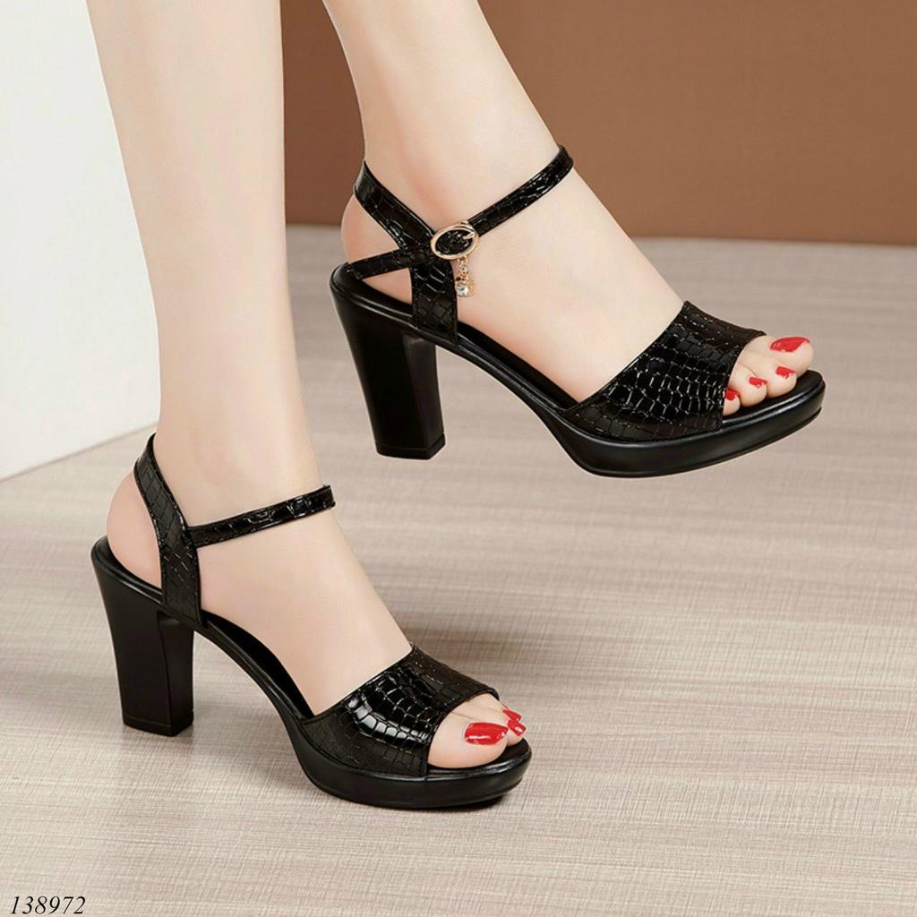 Giày sandal đế xuồng nữ 7cm,giày xăng-đan da cao gót quai ngang 7 phân đen nhiều màu siêu nhẹ