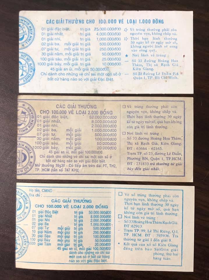 Combo 3 tờ vé số tỉnh Kiên Giang 1990, 1994, 1995 sưu tầm