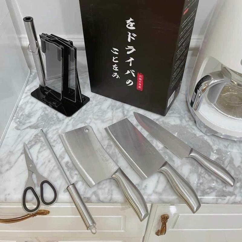 Bộ Dao Kéo Nhật 6 Món, thép nhật chống gỉ, lưỡi dao bén, tặng kèm khay để dao tiện dụng