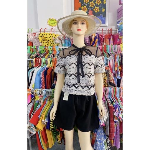 Áo Nữ Ren Đen Trắng Thắt Nơ Cổ Áo Thanh Lịch