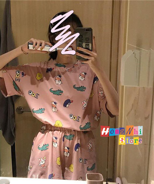 Bộ Thun Ngủ Hoạt Hình Tay Lỡ Kèm Túi Vải Phối Quần Short Oversize Ulzzang Dáng Rộng - MM