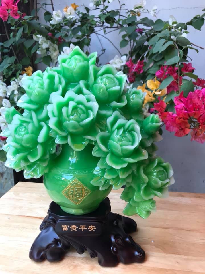 Bình Hoa Mẫu Đơn đẹp lắm xanh lộc lá size cao 38cm x ngang 30cm x sâu 12cm Biểu Tượng Sự Giàu Sang Phú Quý Hợp ACE mệnh Mộc Hoả trưng bàn rất đẹp