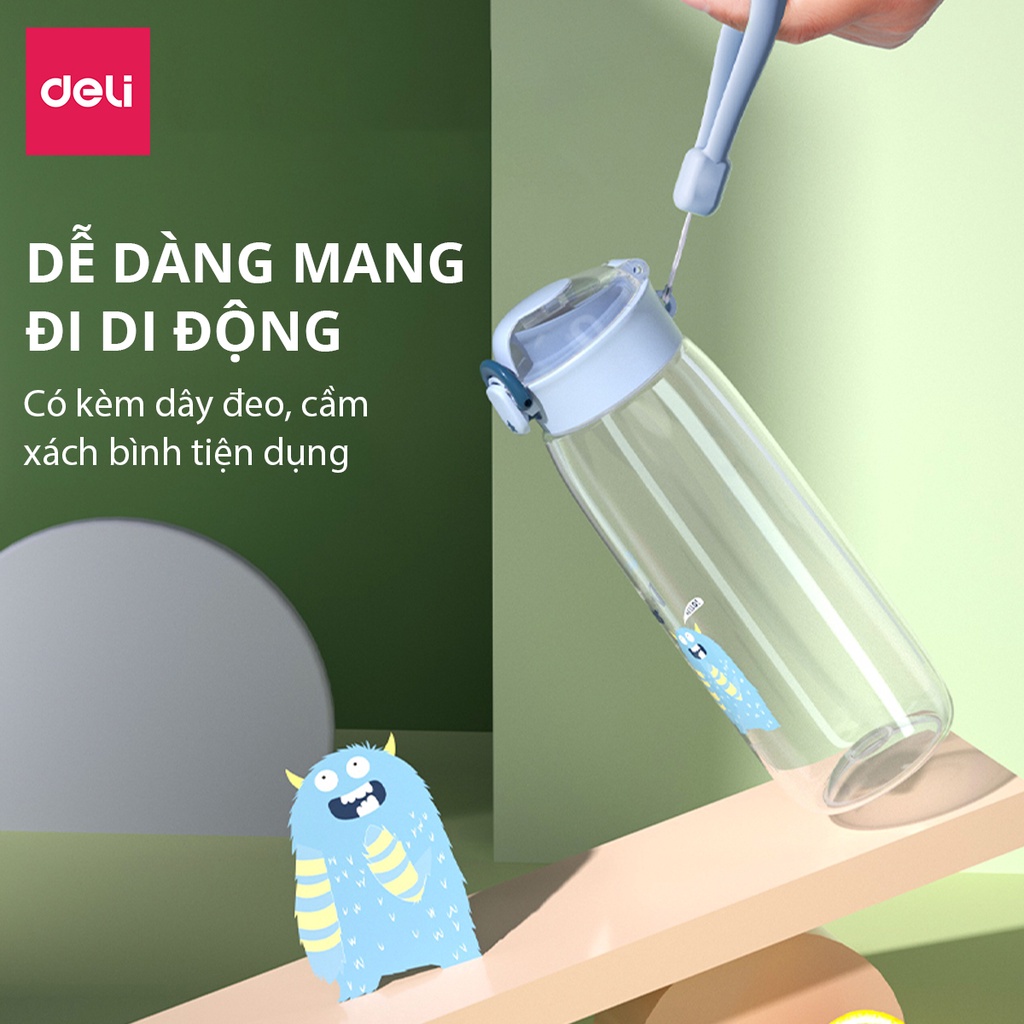 Bình Nước Bằng Nhựa Tritan Nắp Bật Có Khoá 480 600 ml Có Chia Vạch Nước Họa Tiết Dễ Thương Deli - BPA Free An Toàn Cho Sức Khỏe - Phù Hợp Bình Nước Thể Thao Cho Bé Tới Trường - 17661 17662