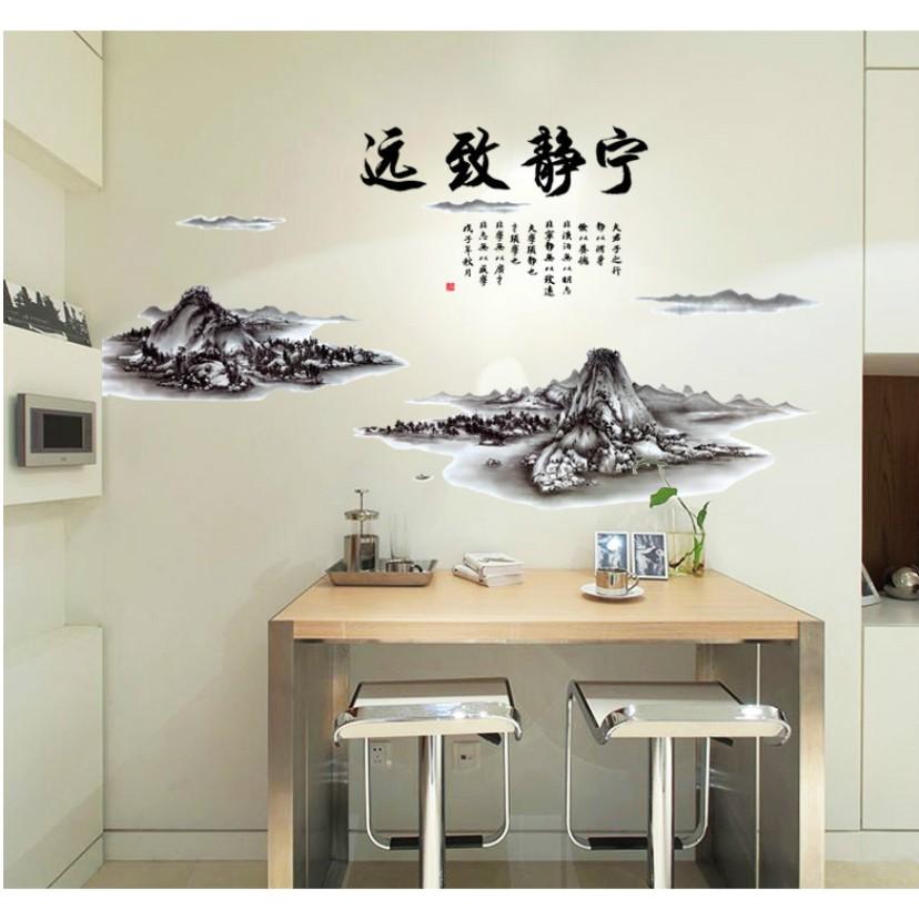Decal trang trí tường - Phong Cảnh Sơn Thủy đen kèm chữ