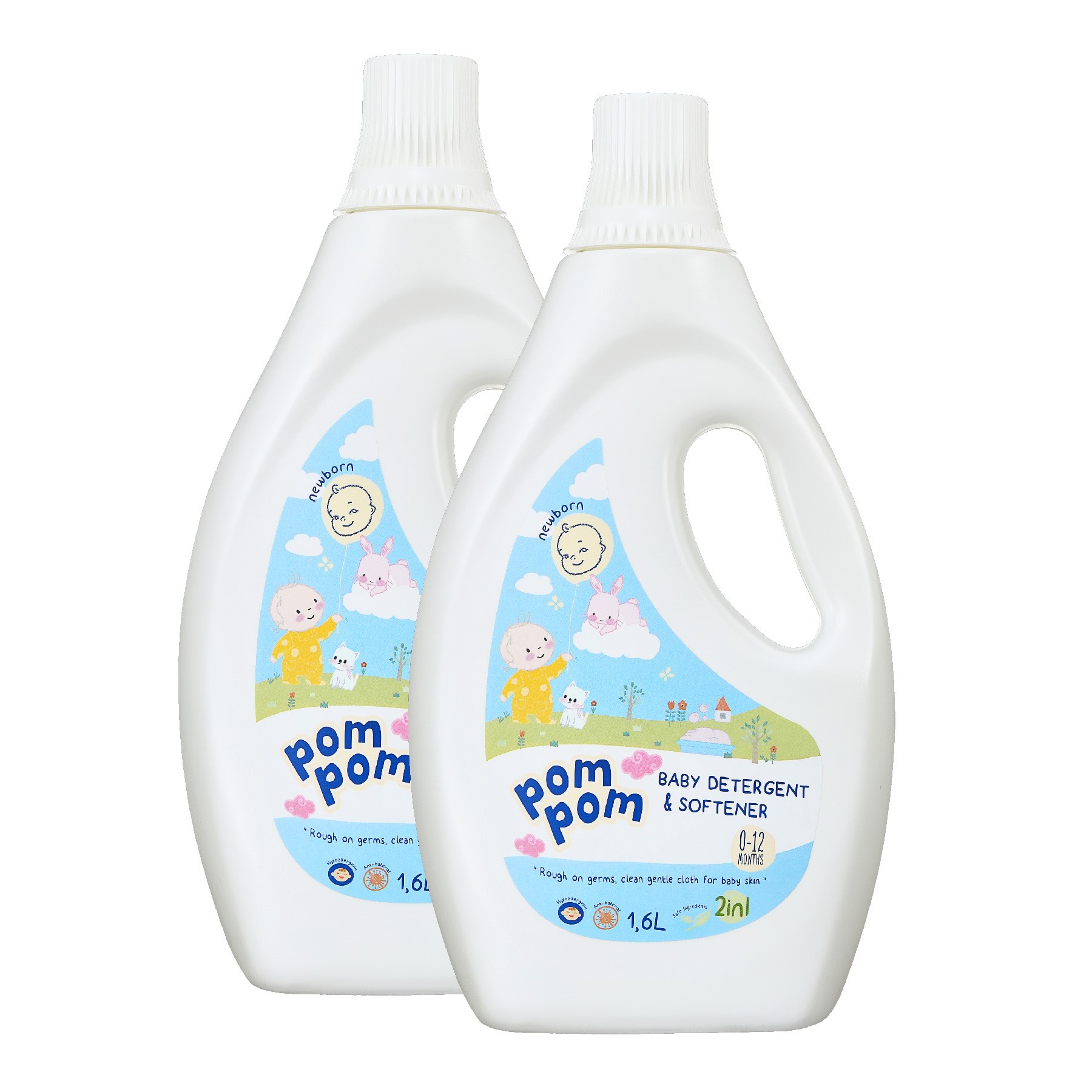 Combo 2 Chai 1.6L Nước Giặt Xả Pom Pom Newborn Dành Cho Bé 0-12 Tháng Tuổi