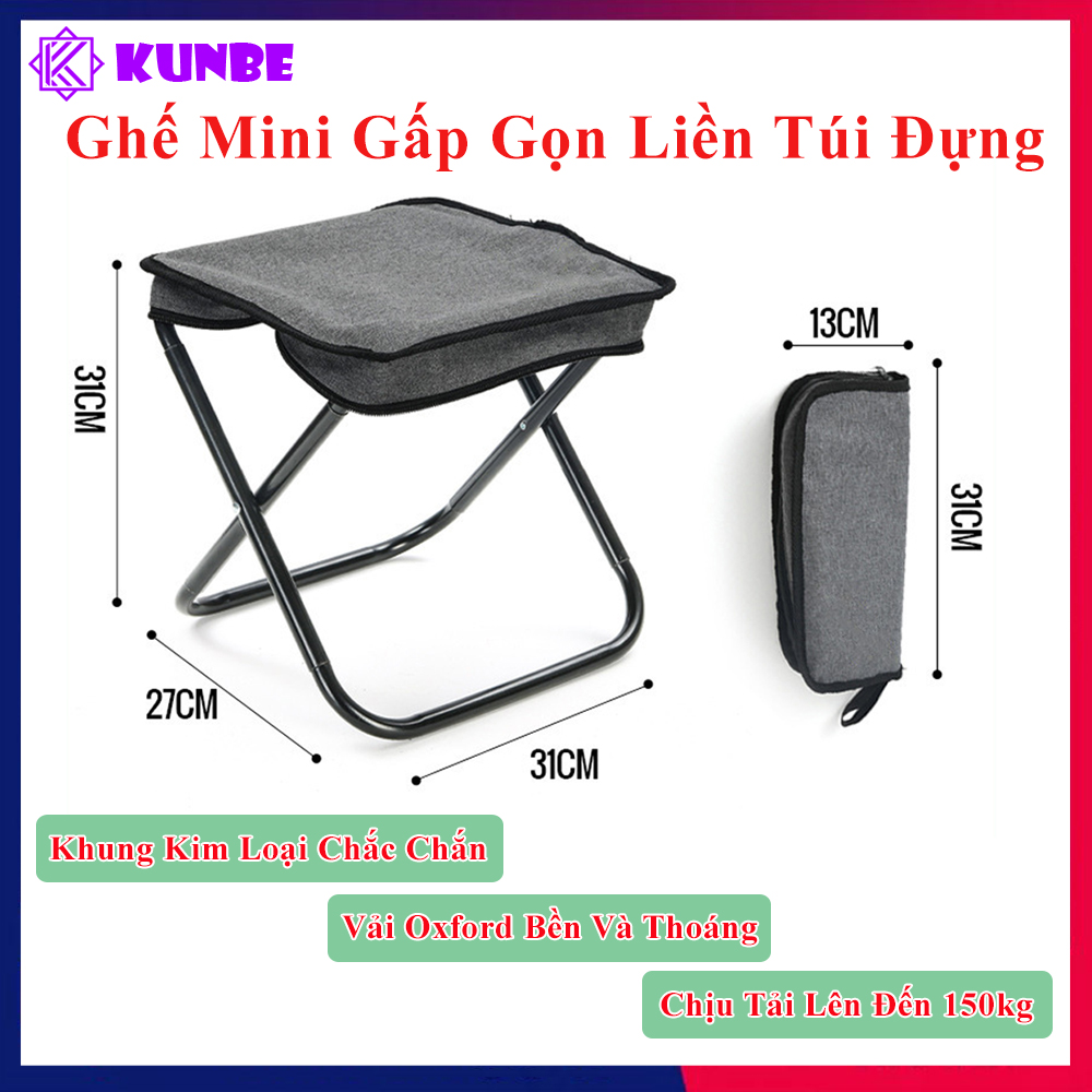 Ghế Mini Gấp Gọn Liền Túi Đựng KUNBE Phù Hợp Du Lịch Dã Ngoại Cắm Trại Câu Cá Đợi Chờ Tàu Xe