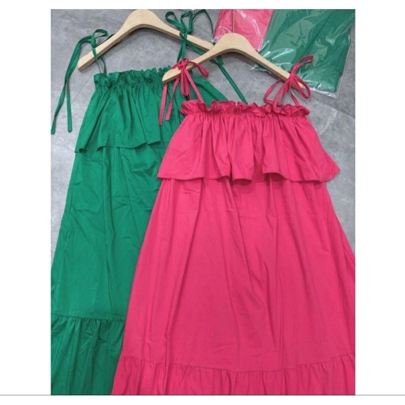 Váy 2 dây hồng babydoll bèo xòe, đầm thiết kế 2 dây đi biển, đầm 2 dây bầu mặc oki