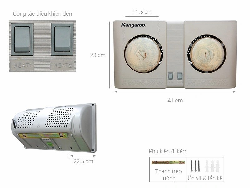 Đèn Sưởi Phòng Tắm Kangaroo KG247/KG247V - 2 Bóng - Hàng chính hãng