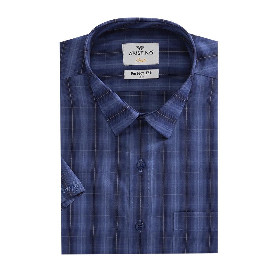 Áo sơ mi nam ngắn tay ARISTINO phom Perfect fit, xanh tím than kẻ trắng nổi bật - ASS315S2